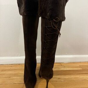 Manolo Blahnik Women’s 39.5 Brown suede and rabbit fur boots with tie detail